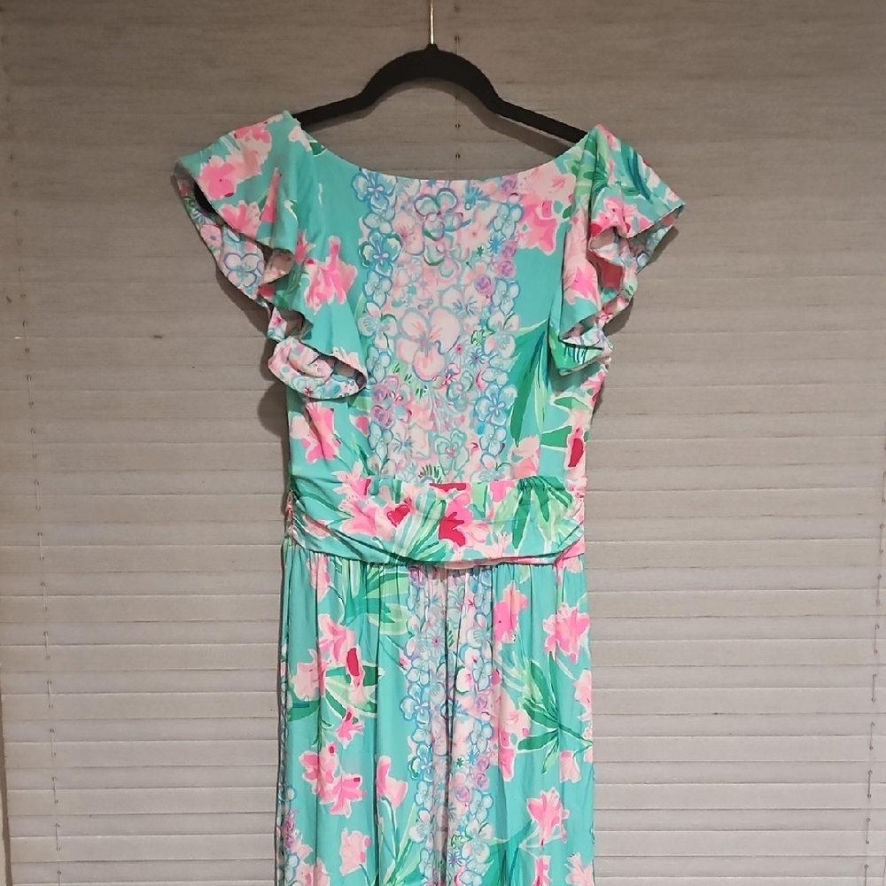 Lilly Pulitzer Cristal Maxi Dress Small S Aqua Floral Flutter Sleeve Square Neck - Picture 6 of 12